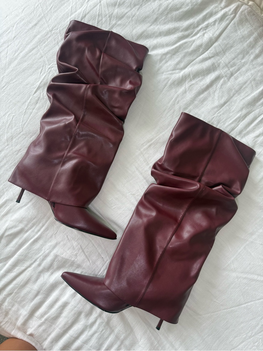 Burgundy Slouch Knee-High Pointed Toe Boots